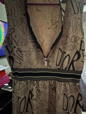 Dior Beige Dress with Black Logo Print and Waistband